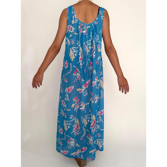 70s vintage blue abstract print sheer long maxi dress resortwear kaftan cover up - Picture 5 of 9